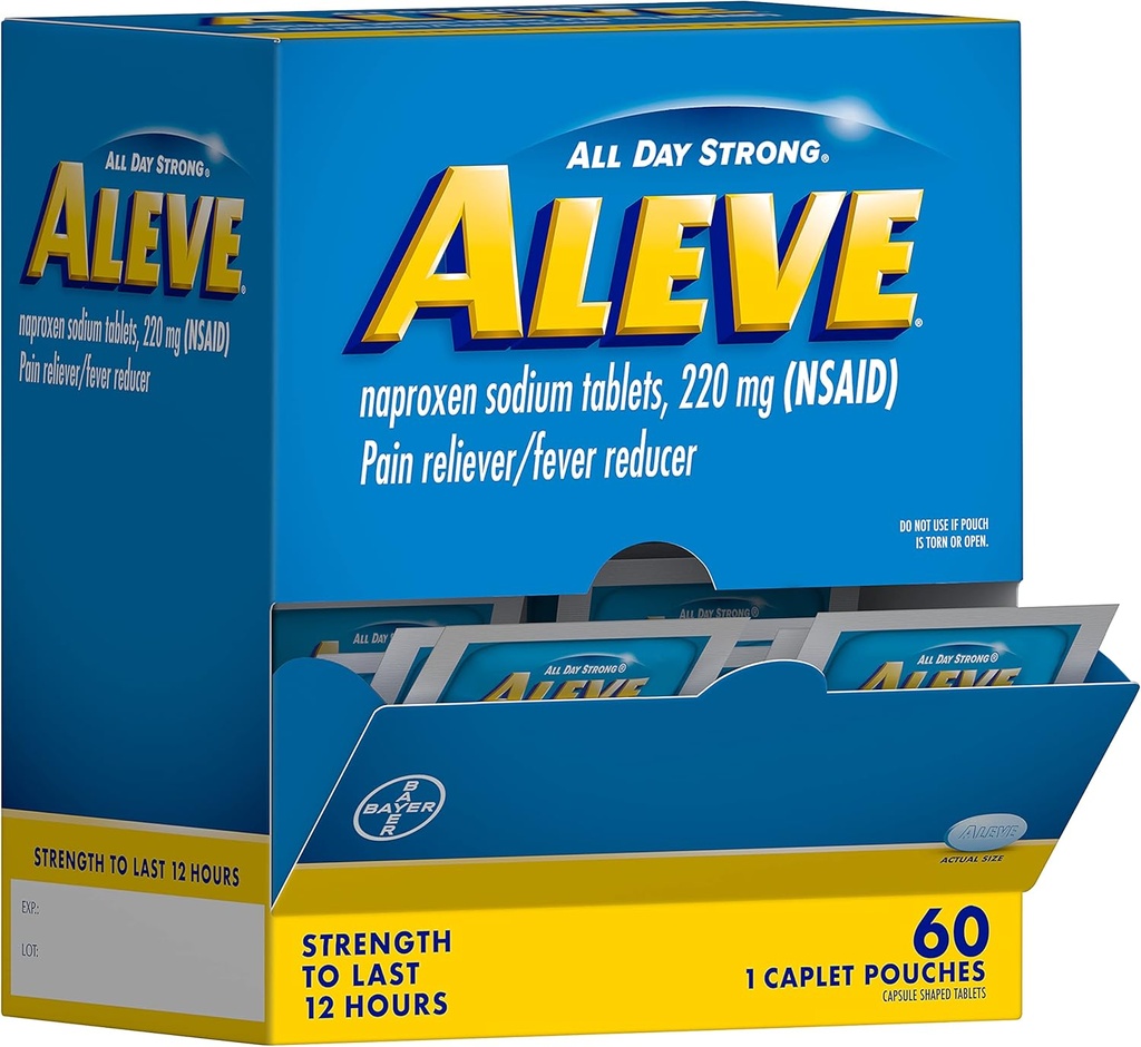 Aleve Pain Relievers & Fever Reducer Naproxen Caplets de sodium, corps et arthrite Pain Relievers, Médecine pour adultes et enfants de 12 ans et plus, 60 Pouches individuelles