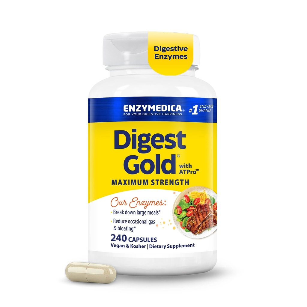Enzymedica Digest Gold + ATPro, force maximale, action rapide, aide à digérer de grands repas, prévient le gonflement et le gaz, 240 Compte (FFP)