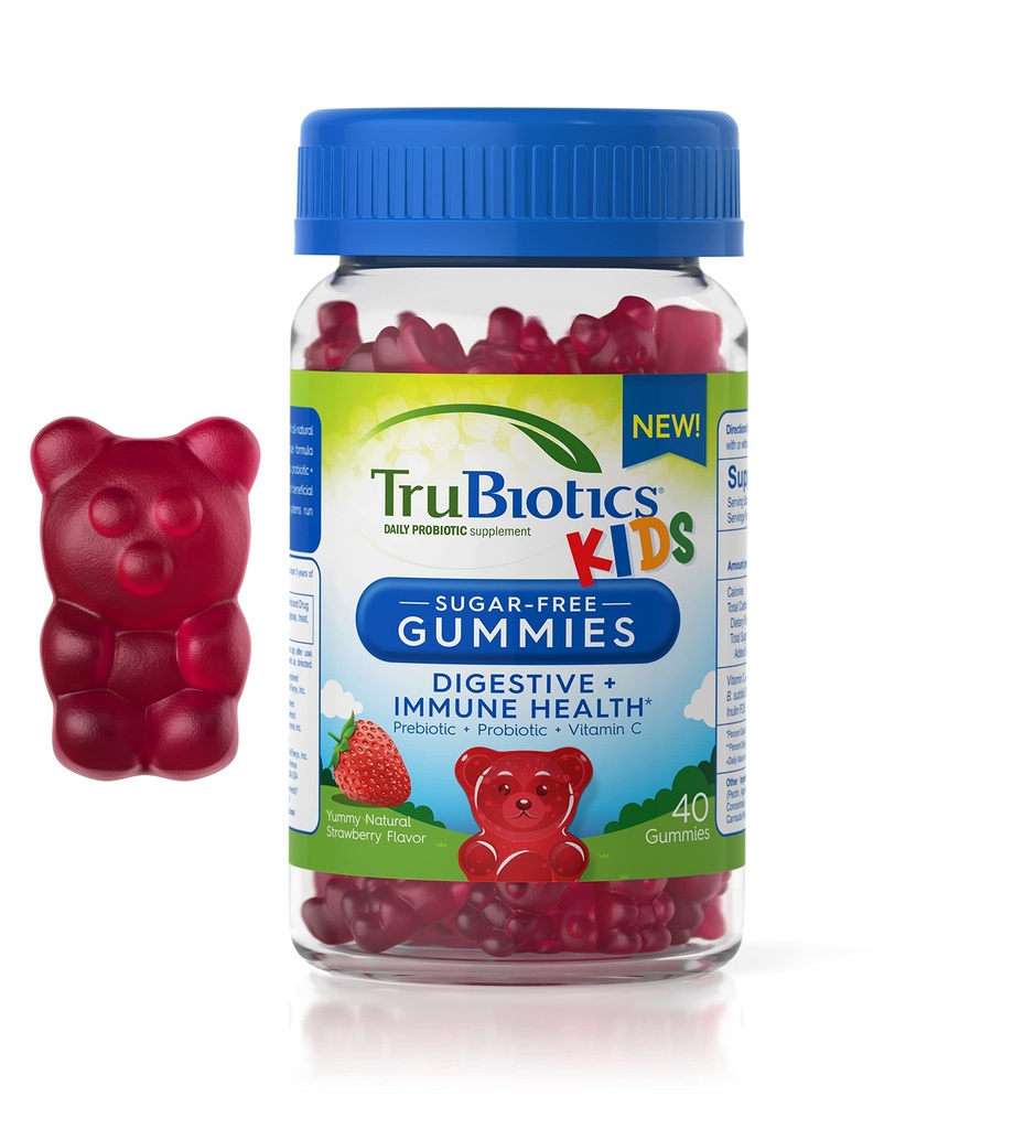 TruBiotics Probiotiques pour les enfants avec prébiotiques et vitamine C, Gommies sans sucre pour le soutien de la santé digestive et immunitaire, Supplément probiotique pour enfants à croquer, Saveur naturelle de fraise, 40 Gommies