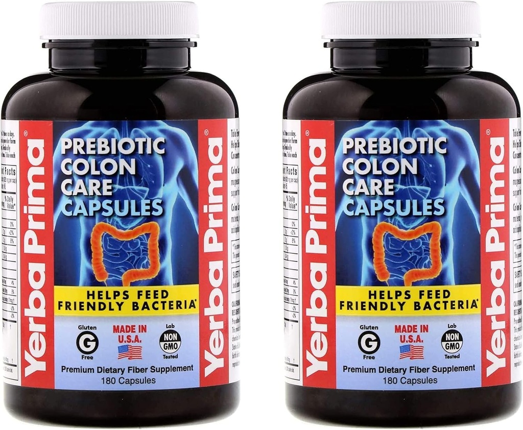 Yerba Prima Prebiotic Colon Care Capsules - 180 Compte (paquet de 2), sans gluten, fabriqués fièrement aux États-Unis, sans OGM, soluble et fibre insoluble, soutient un colon en bonne santé