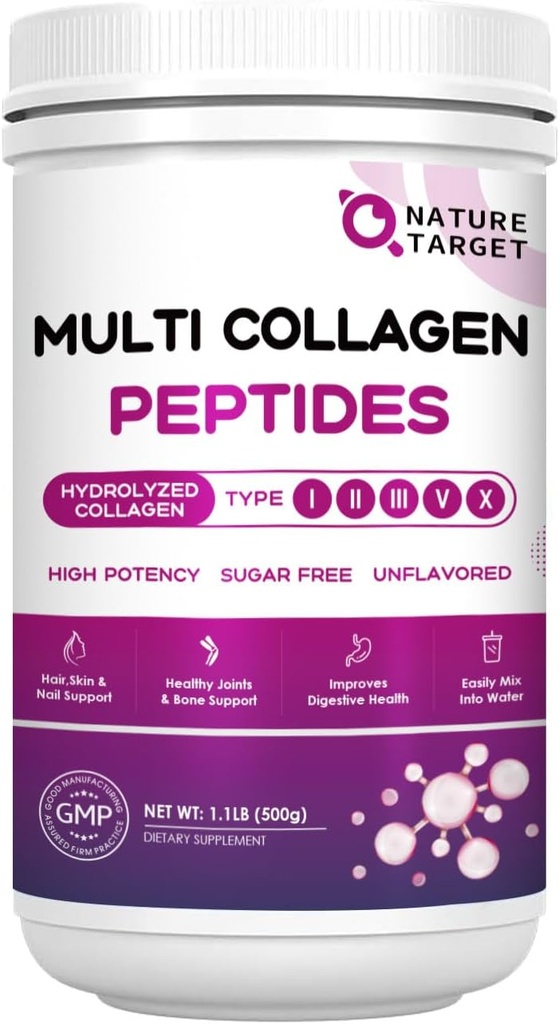 NATURE TARGET Peptides Multi Collagène Poudre - Type I, II, III, V, X - Peptides de Collagène hydrolysés avec l'acide hyaluronique vitamine C, supporte les ongles et articulations de cheveux de peau, gazon, non OGM, 50 portions