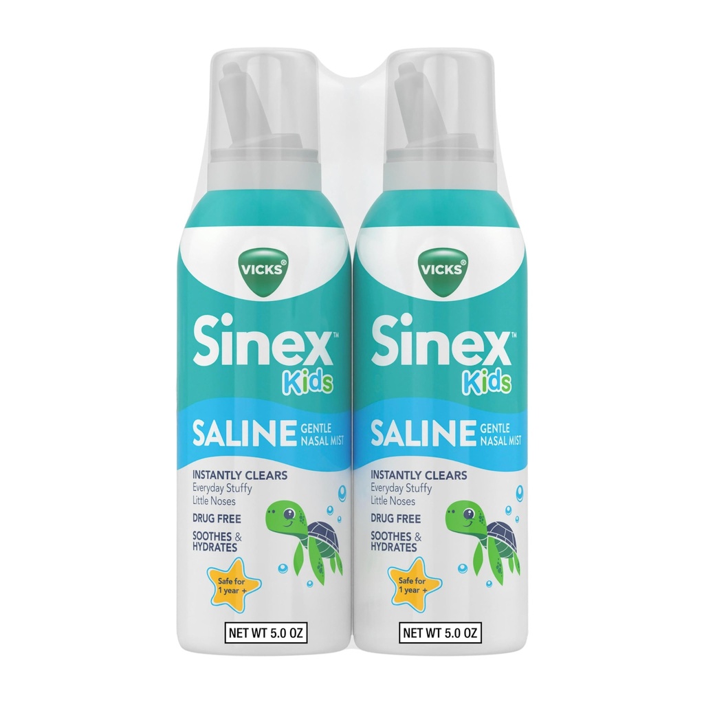 Vicks Sinex, Children's Saline Nasal Spray, Drug Free Ultra Fine Mist with Hint of Aloe, Ages 1+, Fast Everyday Stuffy Nose Relief for Kids, Clear Mucus from a Cold or Allergy, 5 OZ x 2