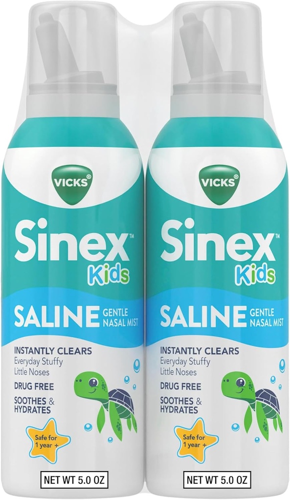 Vicks Sinex, Spray nasal saline pour enfants, anti-drogue ultra fine brume avec aloès, 1+ ans, soulagement quotidien rapide du nez étouffant pour les enfants, clair mucus d'un froid ou d'allergie, 5 OZ x 2