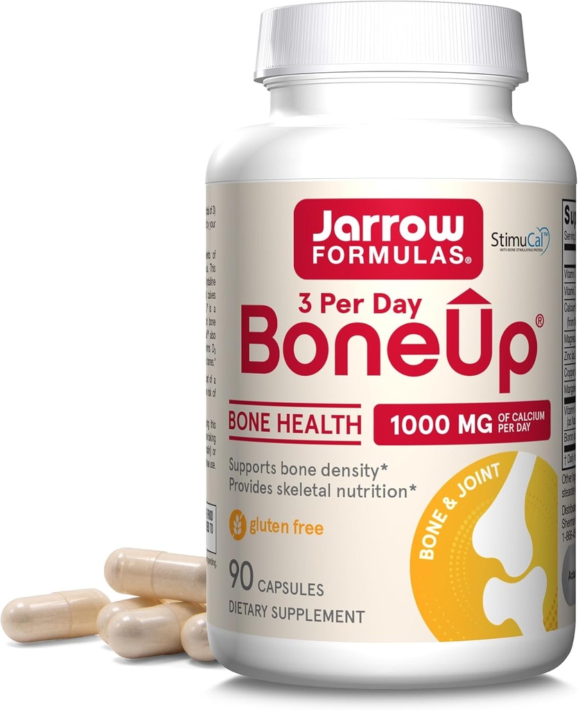 Formules de Jarrow BoneUp Trois par jour pour la densité osseuse et la nutrition squelettique, comprend la vitamine D3, K2 (sous forme de MK-7) et le calcium, 90 capsules, 30 jours d'approvisionnement