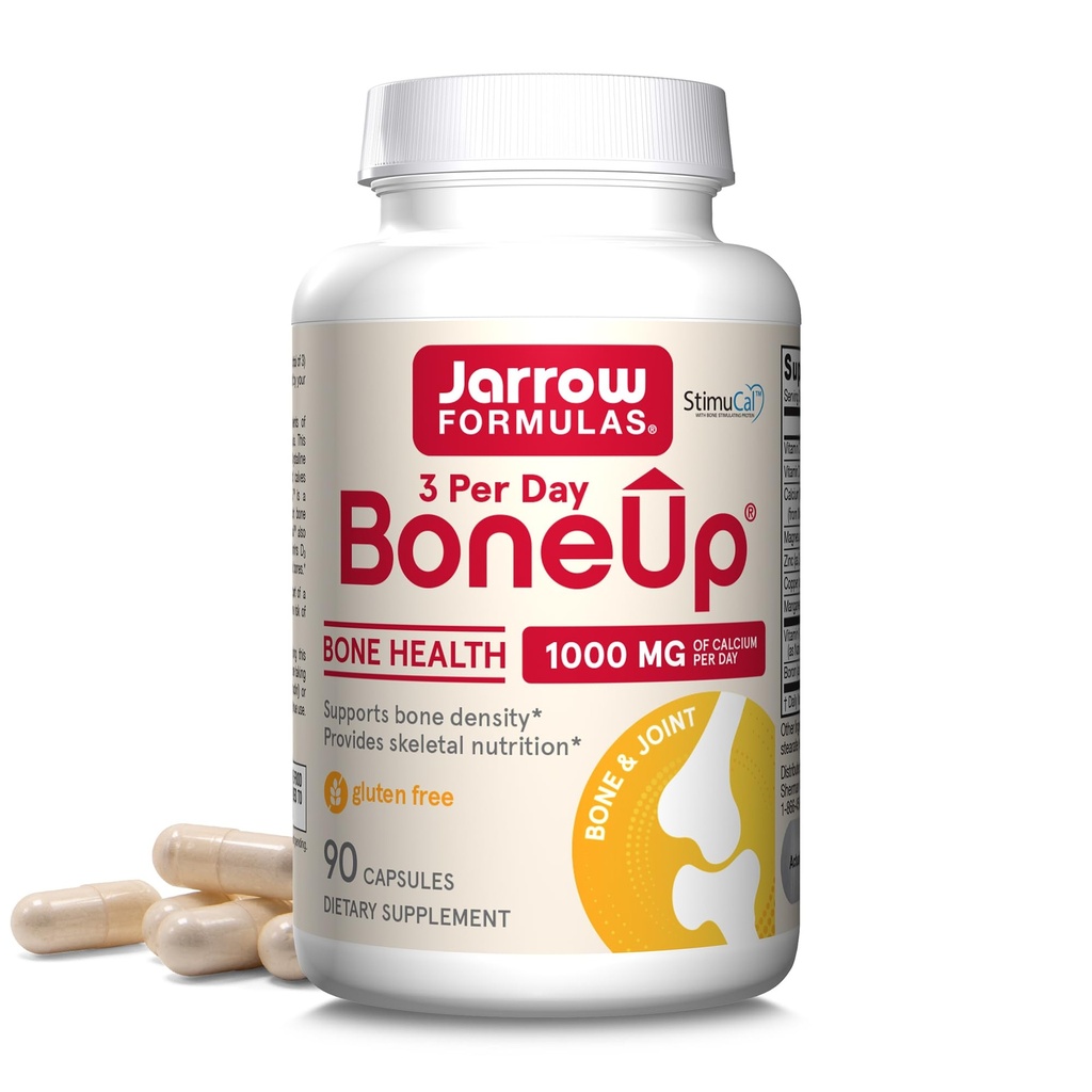Formules de Jarrow BoneUp Trois par jour pour la densité osseuse et la nutrition squelettique, comprend la vitamine D3, K2 (sous forme de MK-7) et le calcium, 90 capsules, 30 jours d'approvisionnement