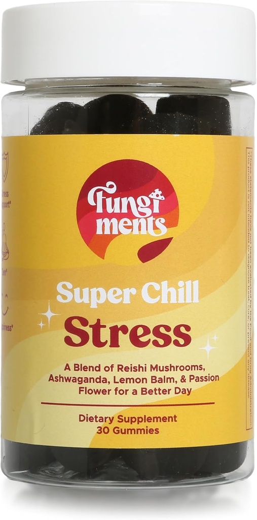 Fungiments Super Chill - Supplément de Champignon - Reishi Champignon, Ashwagandha, Cortizol, L-Theanine, Fleur de Passion - Moins de stress et mieux dormir (30 Gommies de Champignon)
