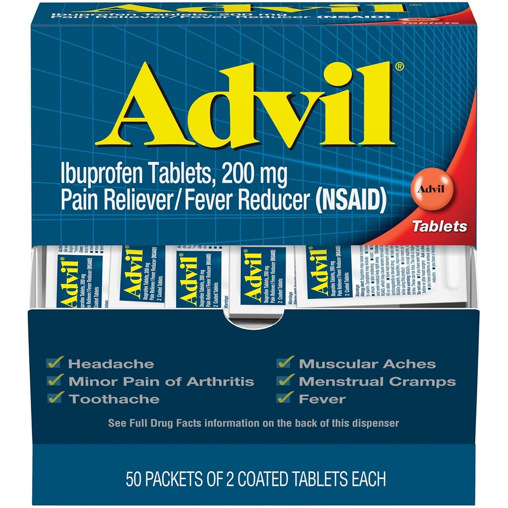 Ibuprofène avil, 200 mg, 50 paquets de 2 comprimés enduits (paquet de 2)