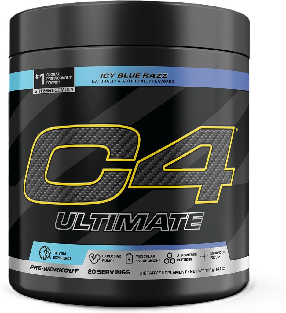 Cellucor C4 Ultimate Pre Workout Powder ICY Blue Razz - Sugar Free Preworkout Energy Supplement for Men & Women - 300mg Caffeine + 3.2g Beta Alanine + 2 Patented Creatines - 20 Servings