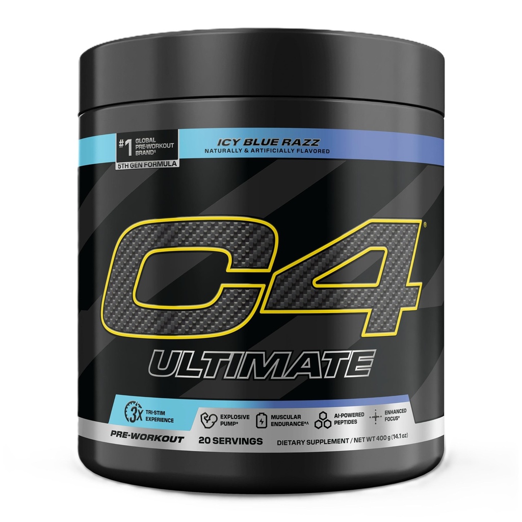 Cellucor C4 Ultimate Pre Workout Powder ICY Blue Razz - Supplément énergétique pour hommes et femmes sans sucre - 300mg Caféine + 3,2g Beta Alanine + 2 Créatines brevetées - 20 portions