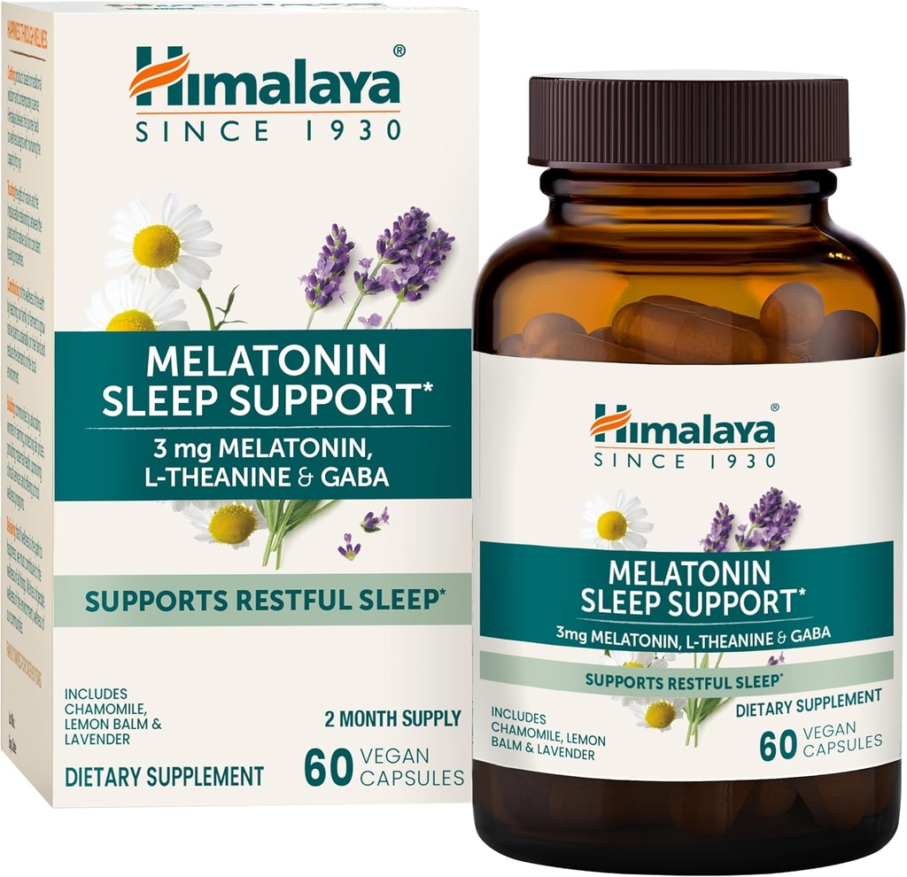 Himalaya Melatonine Soutien au sommeil avec GABA, L-Theanine et Melatonine 3mg pour le soutien au sommeil et l'insomnie occasionnelle, 60 capsules, 2 mois d'approvisionnement