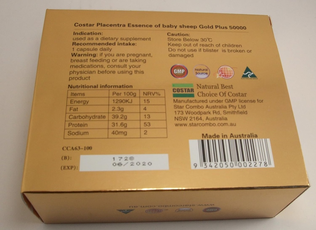 Extrait de mouton Placenta High Strengh Gold Plus 50000mg Baby Sheep Essence 100 Capsules Australian Made