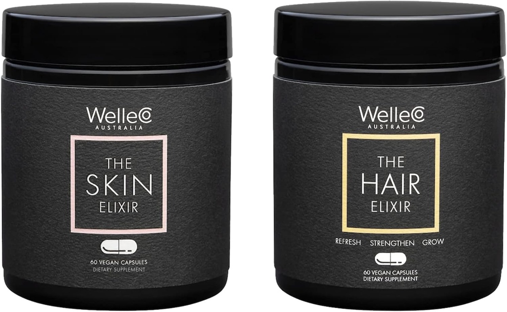 WelleCo, The Skin Elixir + The Hair Elixir, Vegan Beauty Supplements Bundle, favorise la croissance des cheveux et réduit la rupture, soutient la formation saine de peau et de collagène, 60 Capsules