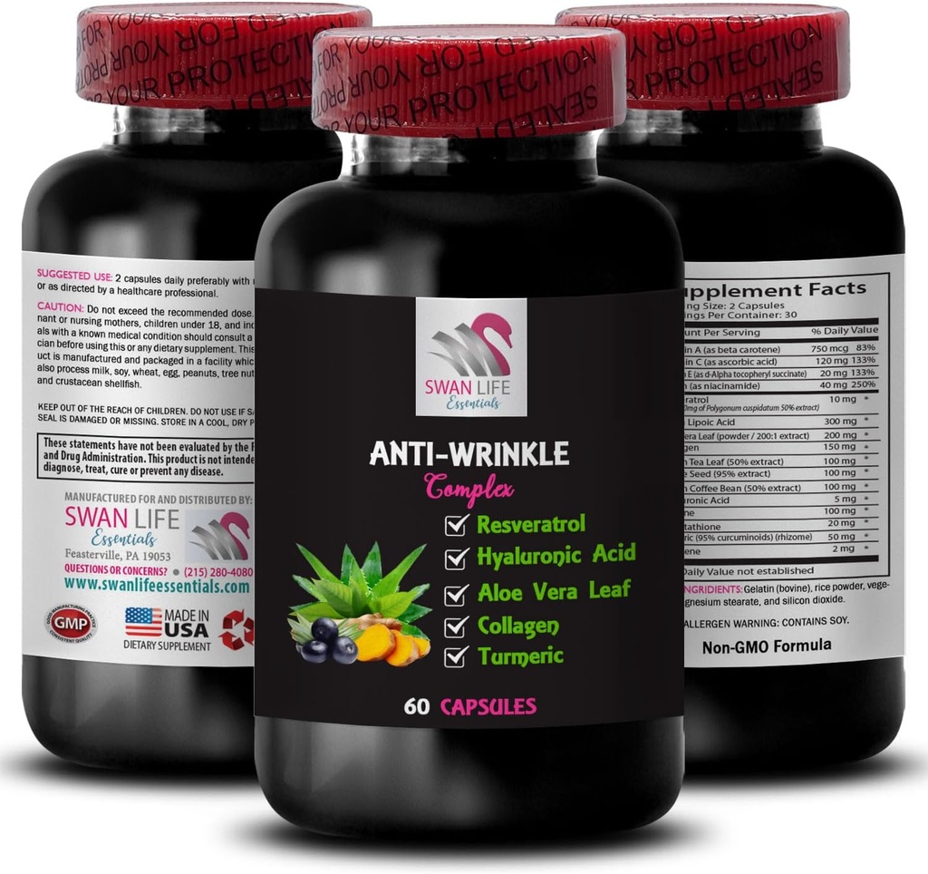 Skin Hydration - ANTI-WRINKLE COMPLEX - Smoothing Action, Grape Seed Power, Glycine Benefits, Fresh Look, Hydration Solution, Natural Ingredients, Fastful Support 1 Bottle 60 Capsules