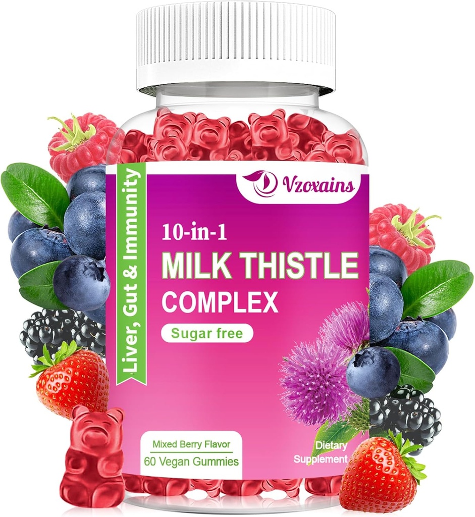 Gummies de chardon de lait, 10-en-1 formule à base de plantes pour nettoyer le foie Détox et la réparation avec racine de dandelion, curcuma, artichaut - Fonction optimale du foie et santé digestive - mélange de saveur de baie