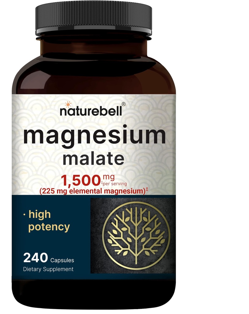 NatureBell Magnesium Malate 1,500mg, 240 Capsules | Chelated for High Absorption | Energy & Nervous System Support | Non-GMO, Gluten-Free