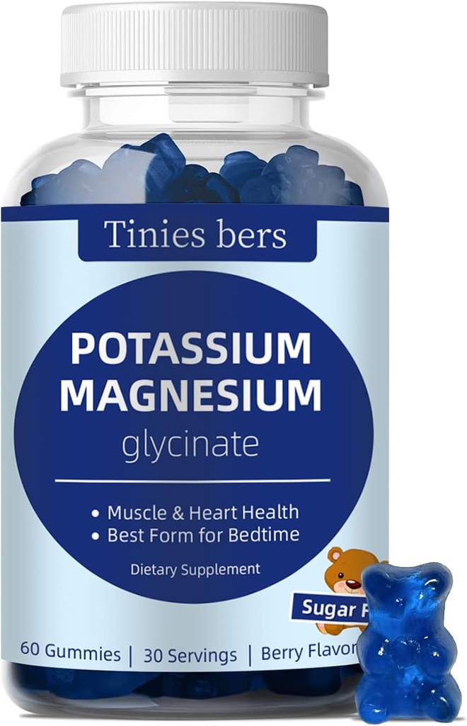 Gommies de magnésium de potassium, Gommies de potassium sans sucre pour les adultes Enfants, soutien des crampes de jambes et de la santé musculaire et cardiaque, Gommies de magnésium glyciné Meilleur pour le coucher, Vegan, Non-OGM, Berry Flavor, 60