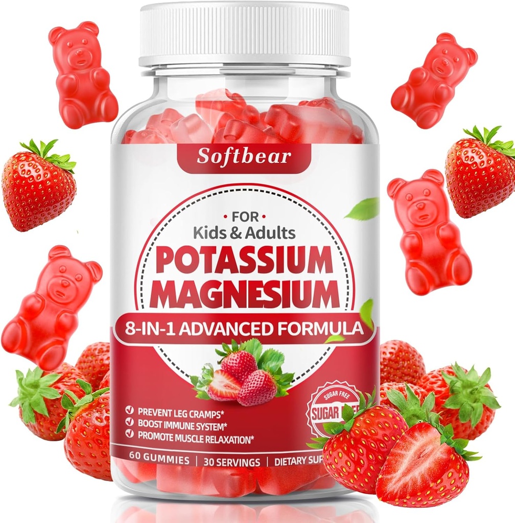 softbear Gommies de potassium pour adultes, supplément de potassium de magnésium à haute absorption avec vitamine B6 pour les crampes des jambes et santé musculaire Fraise végétalienne sans sucre 60 Gommies