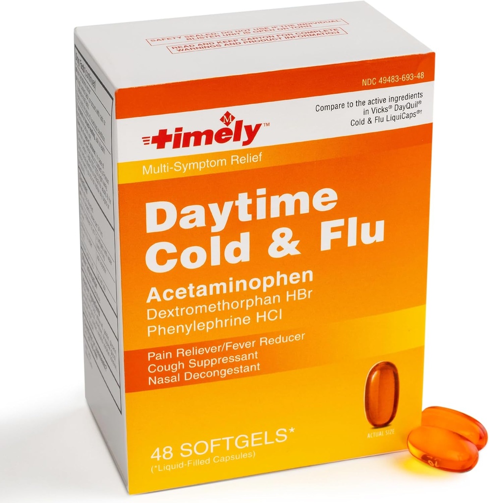 LABS TEMPORAIRE, INC. Timely Daytime Cold and Flu Medicine 48 Softgels - Toux suppressante, désodorisant nasal, soulagement de la douleur