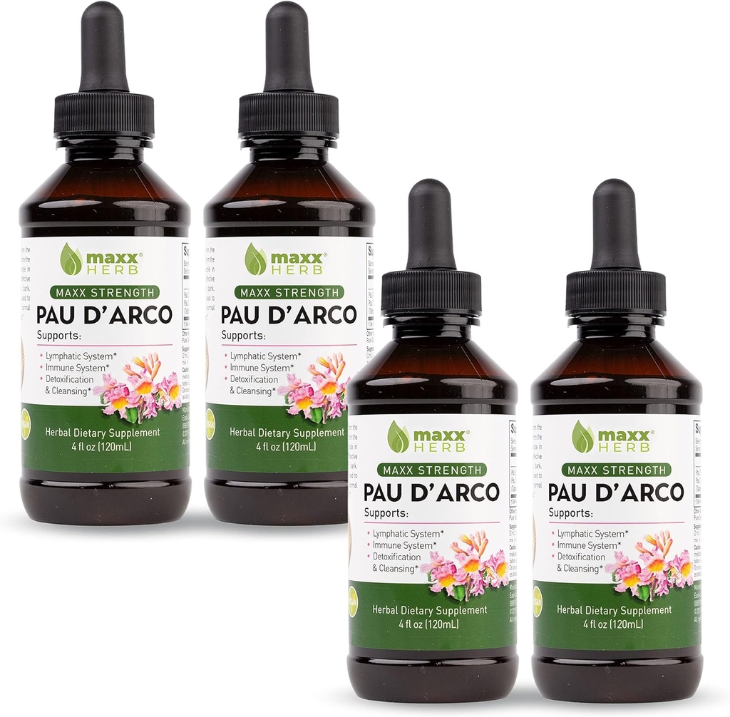 Maxx Herb PAU D'Arco Teinture - Max Strength PAU Extrait de darco pour le soutien immunitaire, Taheebo Tea Inner Absorbe mieux que PAU Capsules de darco – 4 bouteilles, 4 oz chacune (240 portions)