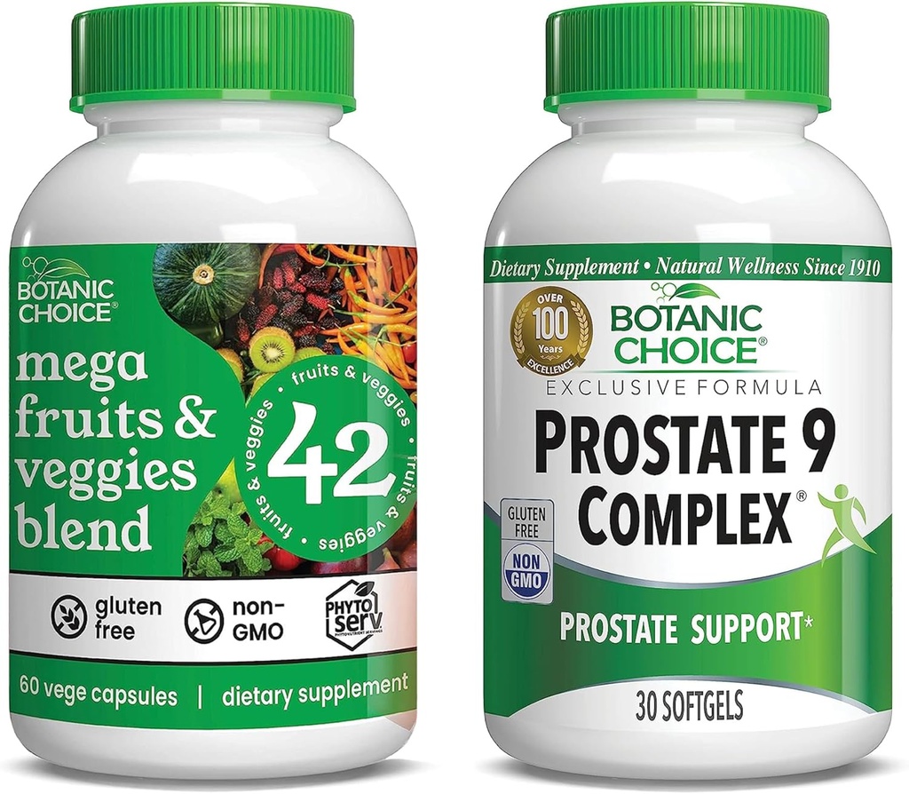 Choix botanique Mélange Mega Fruits et légumes (60 Capsules) + Prostate 9 Complexe (30 Softgels) Ensemble - Bilan énergétique et supplément super-alimentaire + flux urinaire et santé cellulaire