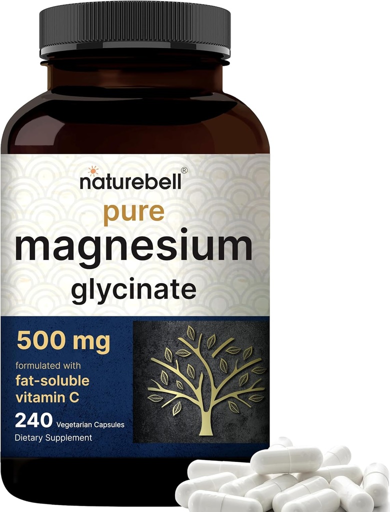 Glycinate de magnésium pur 500mg avec vitamine C soluble dans le gras, 240 Capsules Véggies Supplément pour le sommeil, le coeur et le soutien musculaire* – 100% Chélaté et purifié – 3ème partie testé, végétalien amical, non-OGM