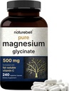 Glycinate de magnésium pur 500mg avec vitamine C soluble dans le gras, 240 Capsules Véggies Supplément pour le sommeil, le coeur et le soutien musculaire* – 100% Chélaté et purifié – 3ème partie testé, végétalien amical, non-OGM