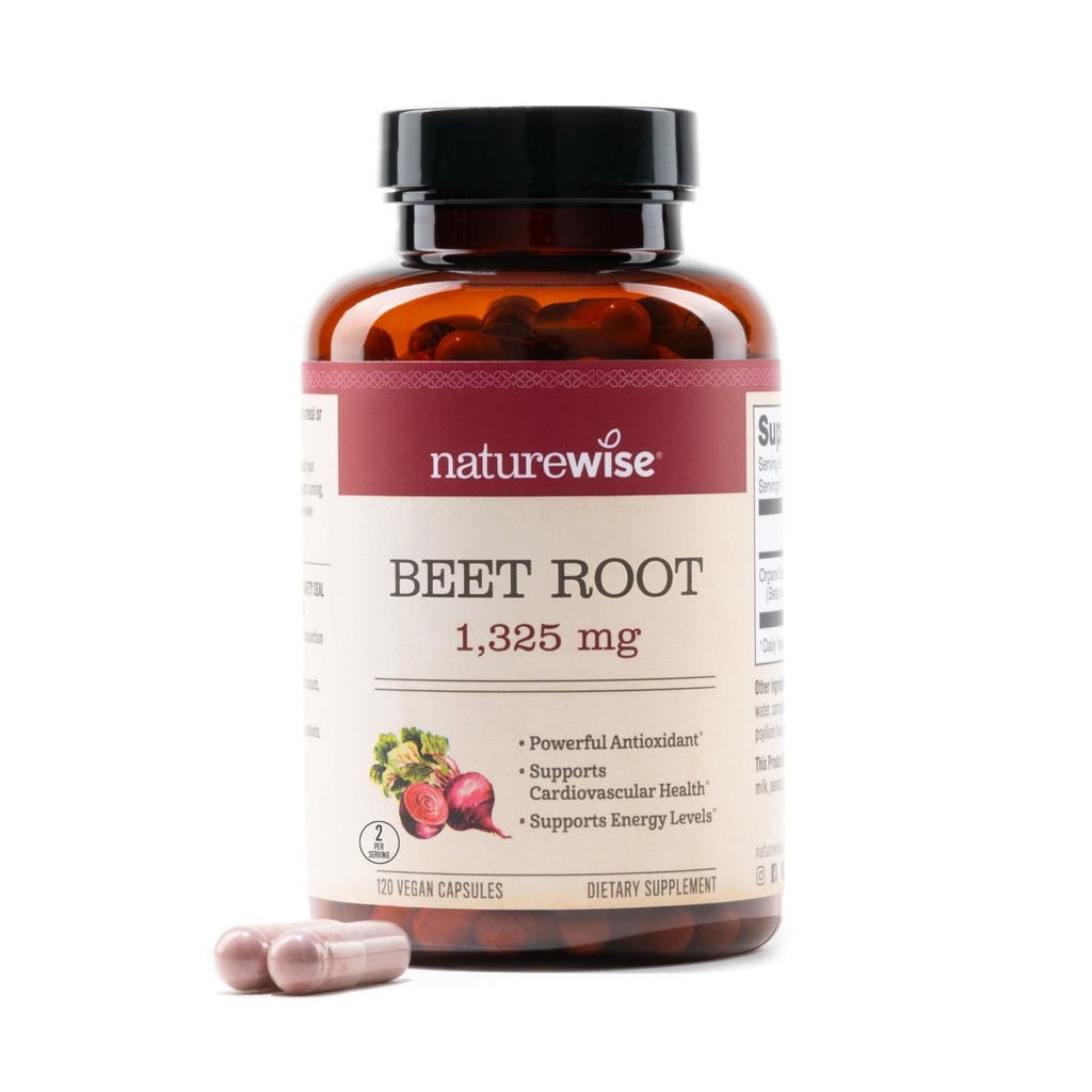 NatureWise Beet Root Capsules 1325mg avec de la betterave biologique - Booster à oxyde nitrique pour la circulation et le soutien de la santé cardiaque - Vegan, sans gluten, non-OGM - 120 capsules[60 jours]
