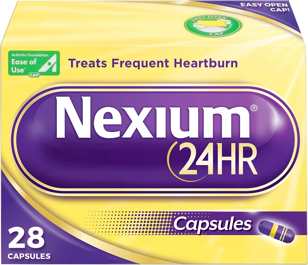 Nexium 24HR Acid Reducer Capsules de soulagement des brûlures d'estomac pour une protection toute la journée et toute la nuit contre les brûlures d'estomac fréquentes, la médecine des brûlures d'estomac avec l'ésoméprazole Magnésium - 28 Compte