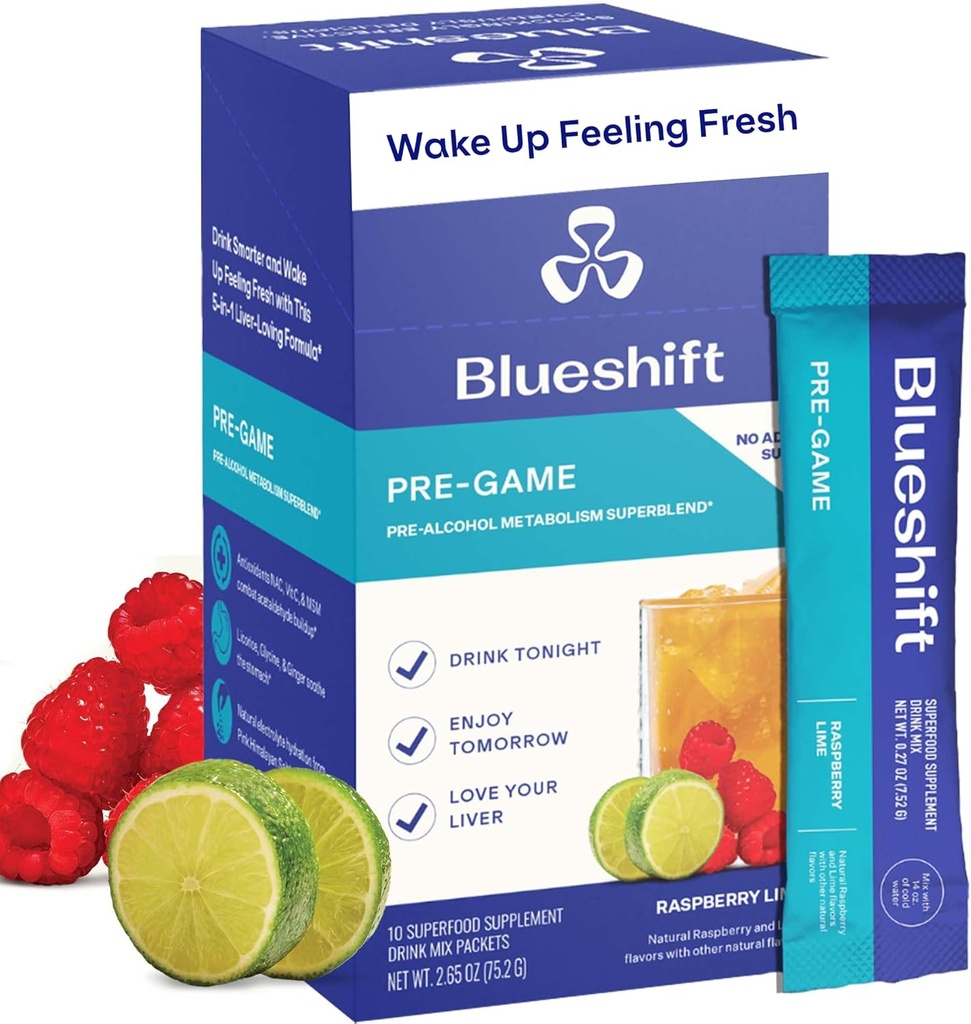 Blueshift Pre-Game - Pre Drinking NAC Supplement, Electrolytes Powder Packets, Hydration Packets, Liver Support with Ginger, Cysteine, Milk Thistle, No Sugar Powder Sticks (10 Pack)