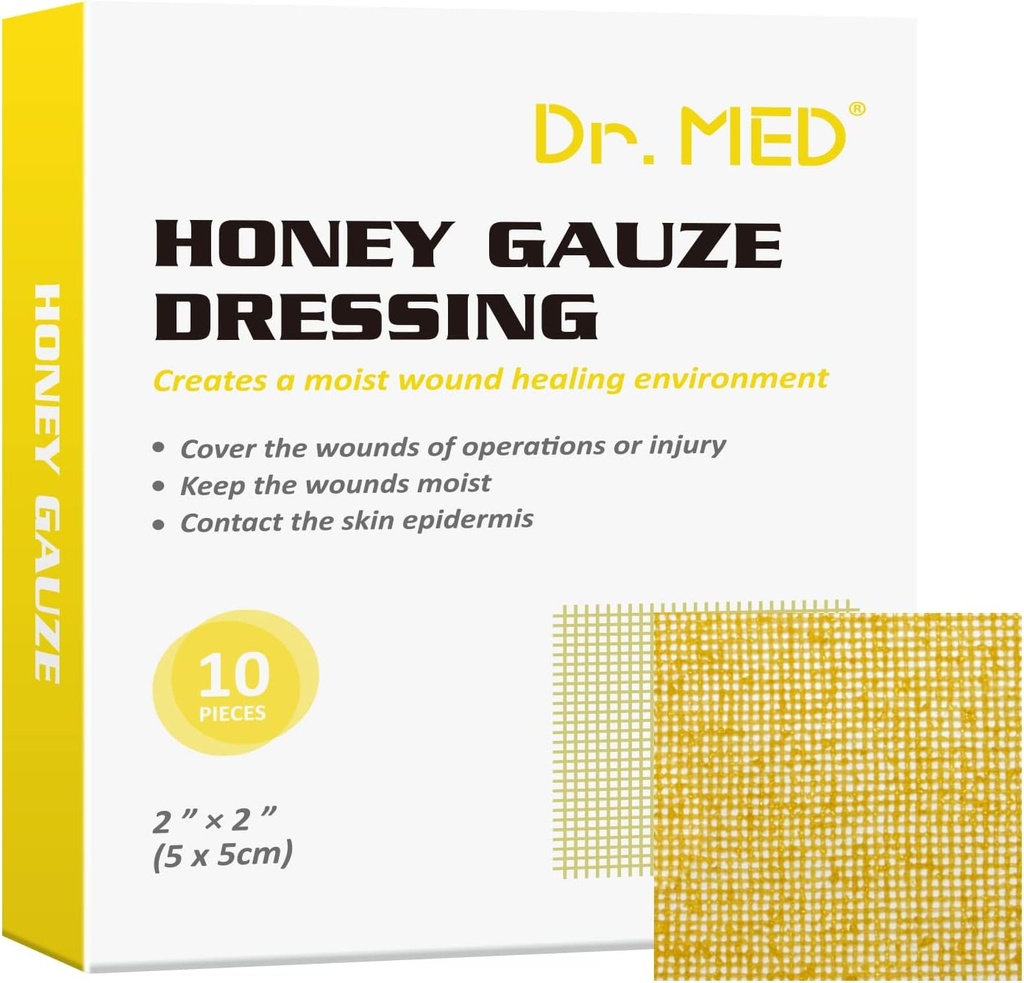 Dre Med Honey Gauze Dressing, 2" x 2" (10 PCS/Box) Honey Medical Bandage Wound Care Patch pour les abrasions mineures, les découpes, les lacérations, l'échaudage et les brûlures pour la guérison des plaies, les produits chimiques et sans drogue