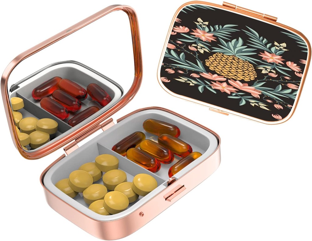 Mignon petite coque à pilules pour Pockets & Purses, Élégante boîte à pilules fait un grand cadeau,2 Compartiment médecine de voyage Organisateur magasins Progestérone, pilules de capsule, Ibuprofène, Vitamines-Rose Gold2
