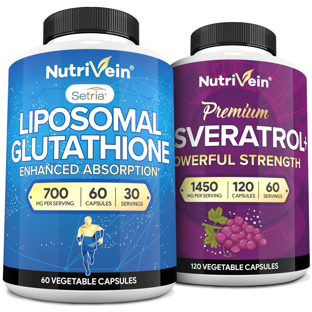 Nutrivein Liposomal Glutathione Supplement & Resveratrol Supplement Bundle: High-Absorption Liposomal Glutathione & Resveratrol Capsules for Nutritional Support