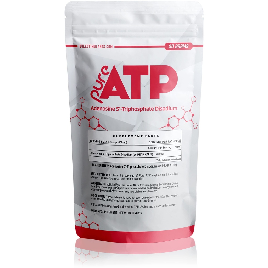 BulkStimulants Pure ATP Adénosine Triphosphate Poudre - Augmenter l'énergie, l'endurance, la force, la récupération et la pompe musculaire, plus rapide que la créatine HMB et l'oxyde nitrique, supplément naturel de préentraînement - 20 grammes