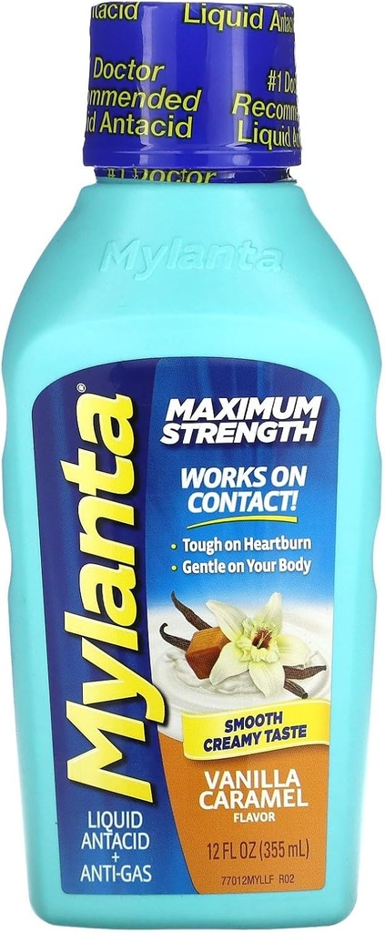 Mylanta Antacid and Gas Relief, Maximum Strength Formula, Vanilla Caramel Flavor, 12 Fluid Ounce
