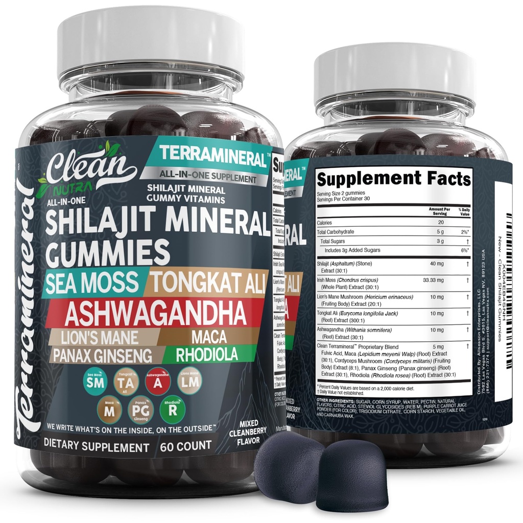 Gummies terraminales Shilajit avec la mer d'Irlande Moss Tongkat Ali Ashwagandha Lion Mane MACA Panax Ginseng Rhodiola & Cordyceps par Clean Nutra (1)