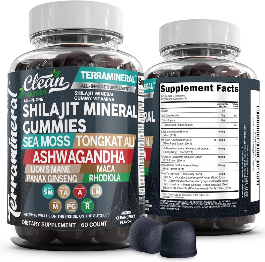 Gummies terraminales Shilajit avec la mer d'Irlande Moss Tongkat Ali Ashwagandha Lion Mane MACA Panax Ginseng Rhodiola & Cordyceps par Clean Nutra (1)