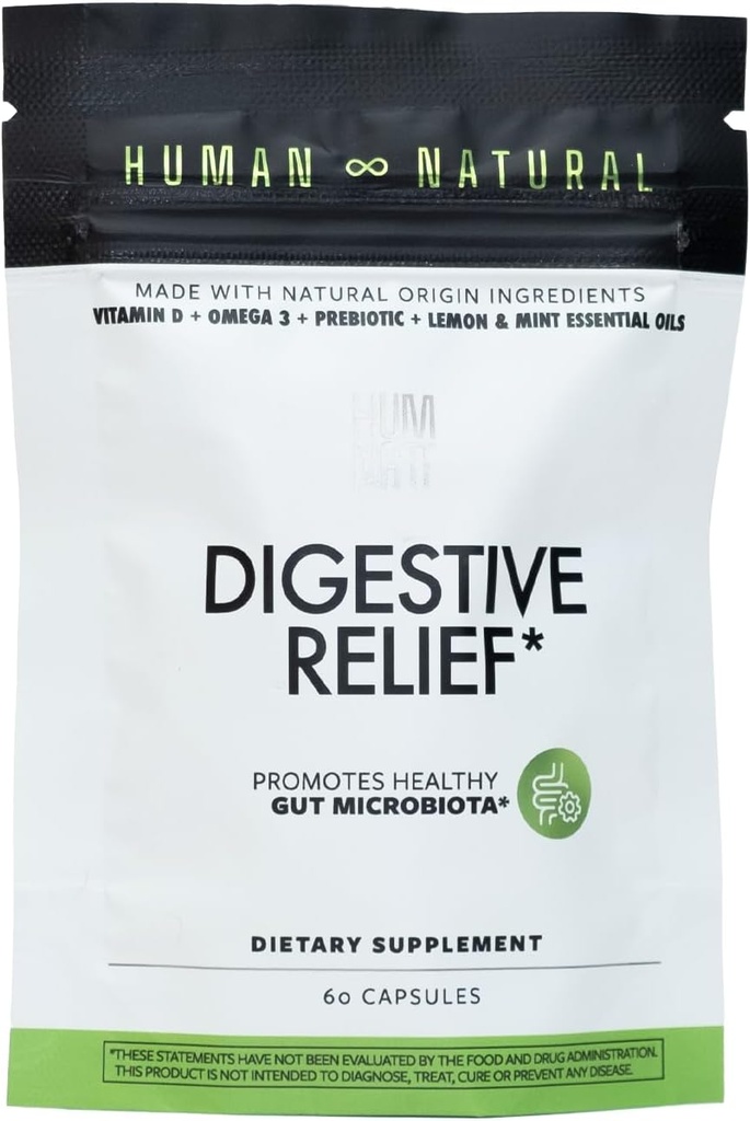 Relief digestif Formule végétalienne avec vitamine D, Oméga-3, HMO, huile de chia, citron et huiles de menthe poivrée Relief for Bloating & Gut Health
