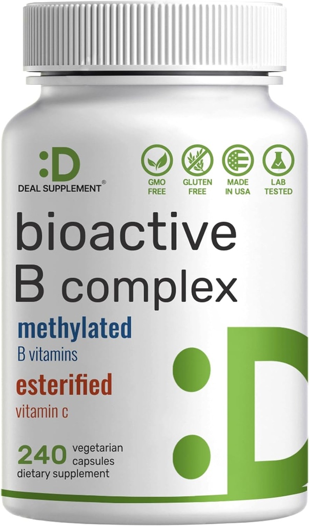 Complexe de vitamine B bioactif pour les hommes et les femmes, 240 Capsules de Véggie - Complexe de B méthylé et vitamine C estérifiée – Haute puissance et absorption facile – Supplément immunitaire, énergie et métabolisme – Non-OGM