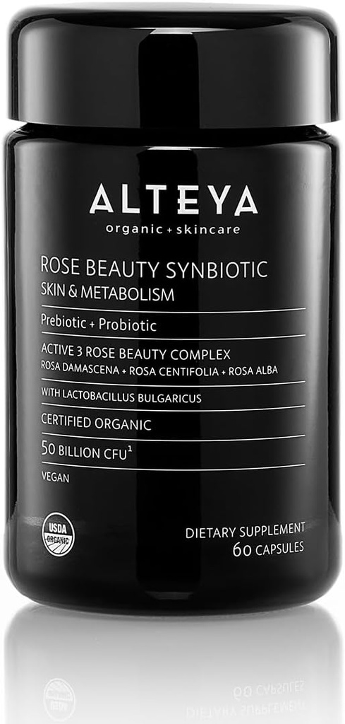 Alteya Bios Beauté Prébiotiques + Probiotiques et Extraits de Rose, Beauté de la peau de l'intérieur supplément, 50 Million CFU & Lactobacillus Bulgaricus pour le visage et le métabolisme - 60 Capsules