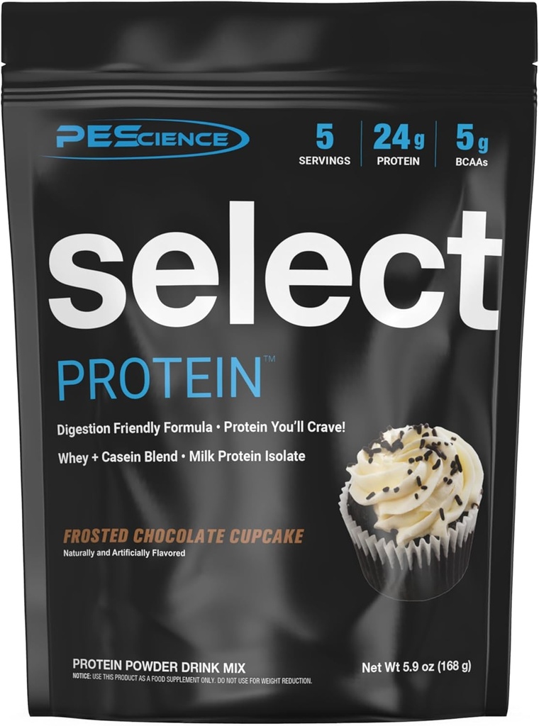 PEScience Sélectionner Poudre de protéines, mélange de lactosérum et de caséine, poudre de protéines propres pour les femmes et les hommes, faible teneur en calories, faible teneur en glucides, kéto amical, sans gluten - Cupcake au chocolat congelé - 5 portions