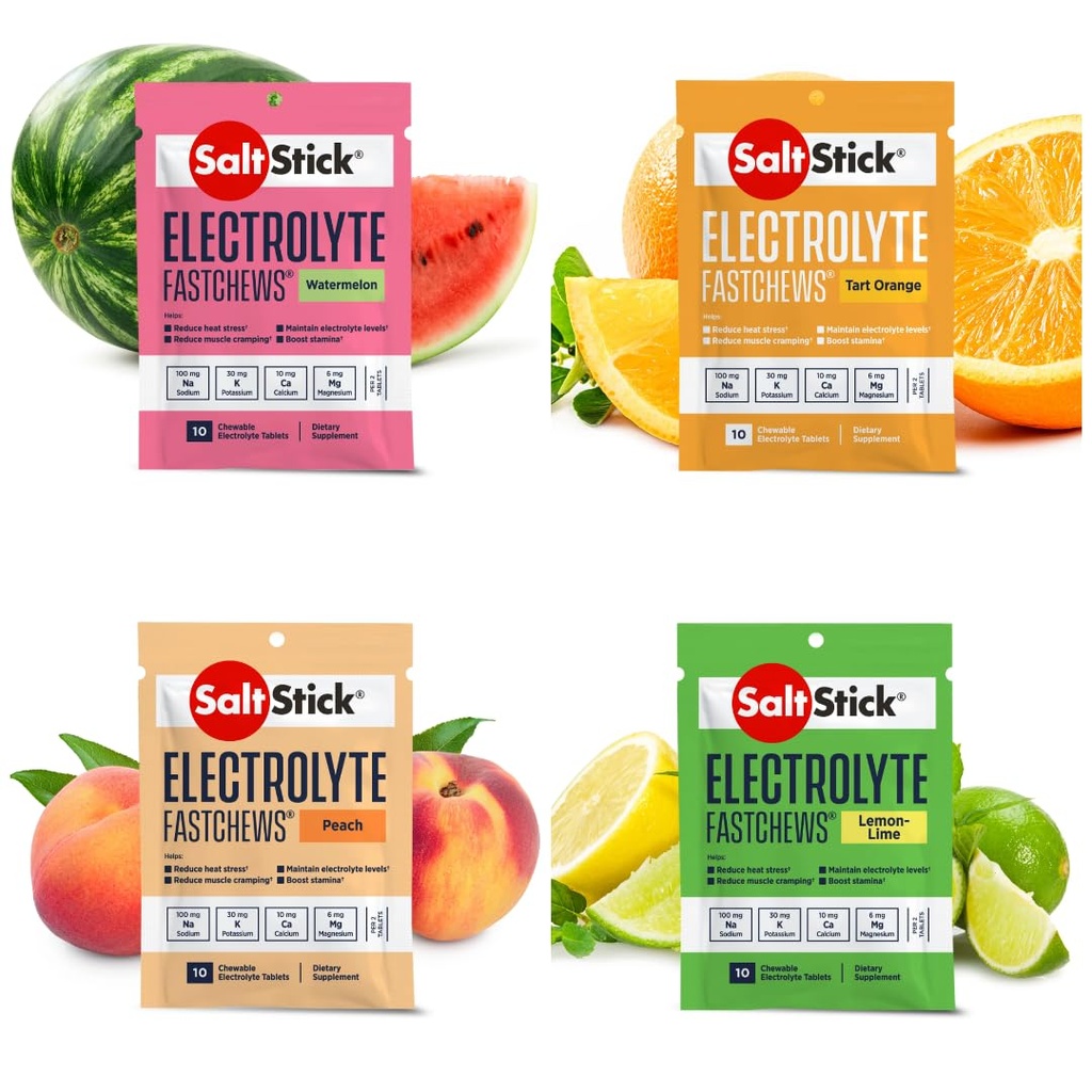 SaltStick Fastchews, Comprimés de remplacement d'électrolytes pour la réhydratation, la récupération d'exercices, les athlètes jeunes et adultes, randonnée, récupération sportive, 10ct Variété 4-Pack