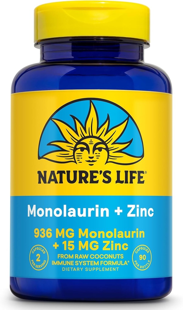 Nature's Life Monolaurin Plus Zinc Immune Support Supplément - 936mg Monolaurin de noix de coco crues, Zinc 15mg, Soutient la santé Gut, Gut équilibré Flora, Garantie de 60 jours, 45 Servir, 90 Capsules végétariennes
