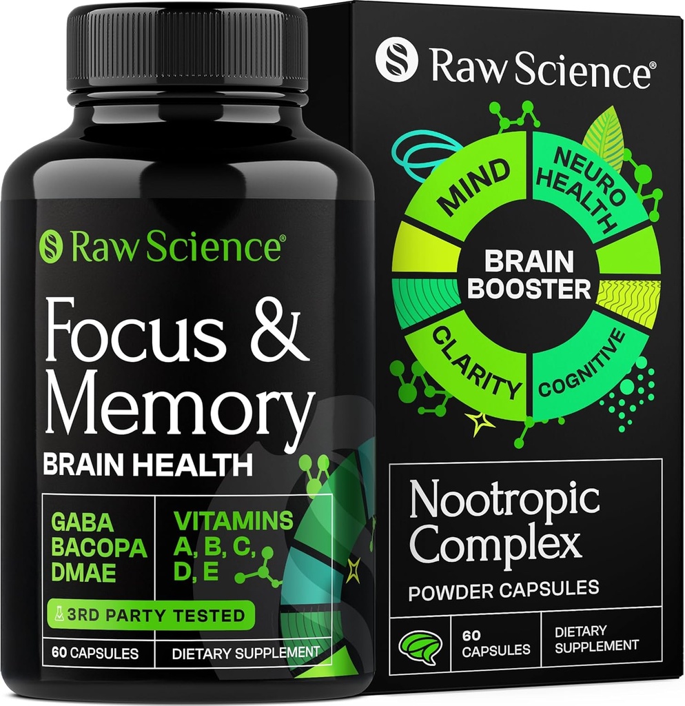 Nootropics Cerveau Suppléments pour la mémoire et le focus avec Huperzine A, Phosphatidylserine, DMAE - Soutien de la santé du cerveau: GABA, Choline, DHA, Bacopa Monnieri, Supplément mémoire pour le soutien du cerveau, 60 Capsules