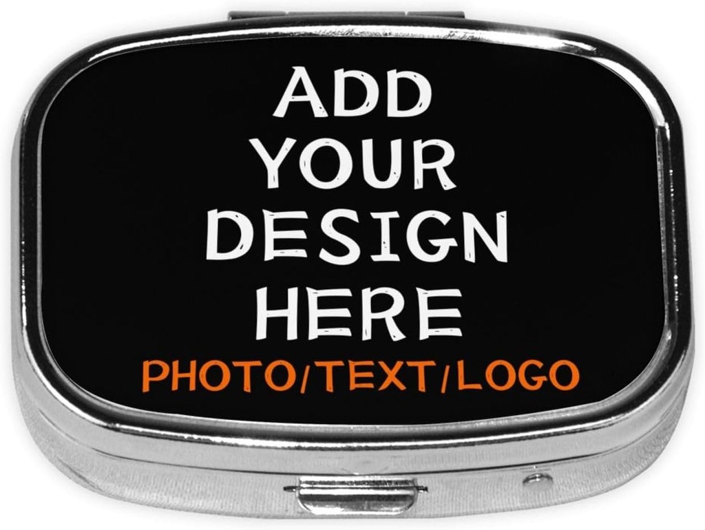 Custom Square Pill Box with Mirror Personalized Photo Text Logo Name Travel Small Pill Case 2 Compartiment Customized Portable Metal Medicine Container Vitamine Organizer for Pocket Purse