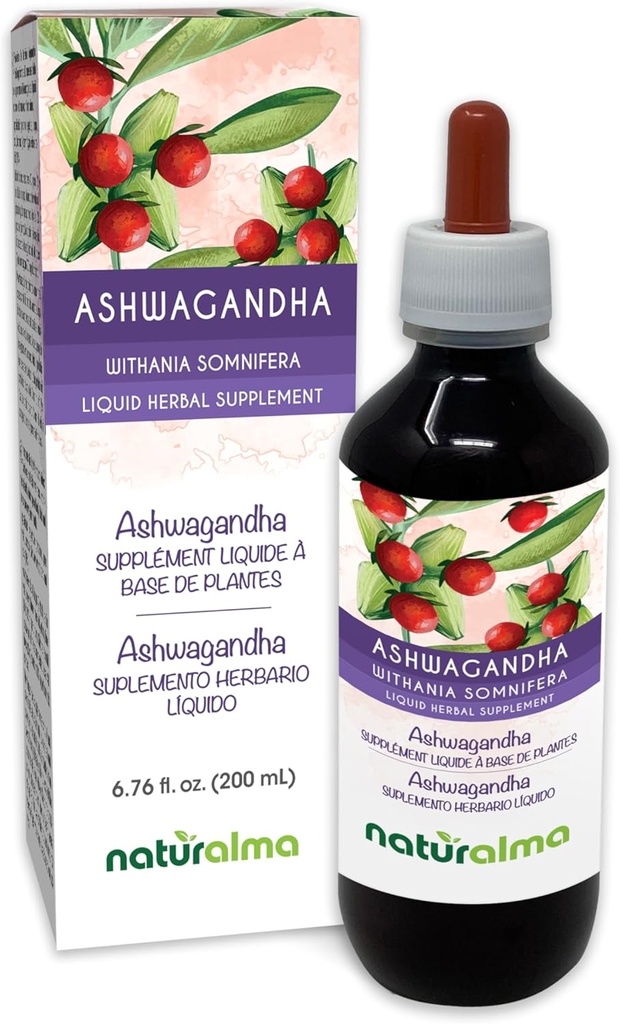 Naturalma Ashwagandha (Withania somnifera) Teinture sans alcool racine - 6,76 fl oz Extrait liquide dans les gouttes - Supplément à base de plantes - végétalien