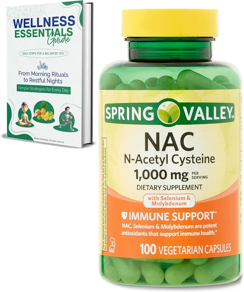Supplément NAC N-acétyle Cystéine, 1000mg, 100Count, soutien immunitaire, capsules végétariennes, sans gluten, sans soja, sans lactose, avec sélénium et molybdène