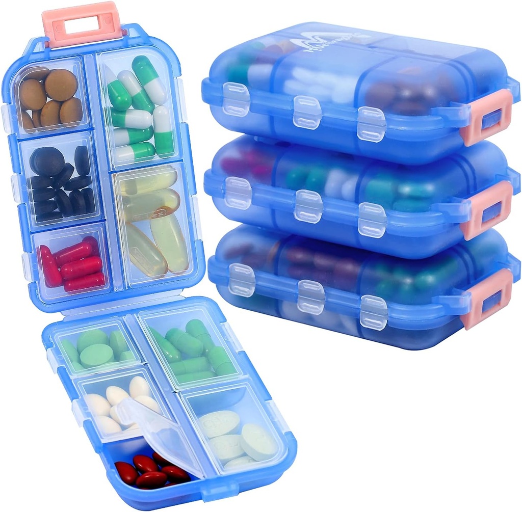 Organisateur de pilules de voyage 4PS avec 164 étiquettes de tranches,10 compartiments Pill Box Portable Polding Small Pill Case Conteneur quotidien de pilules utilisé pour transporter l'organisateur de médecine par M MUchengbao (Blue)