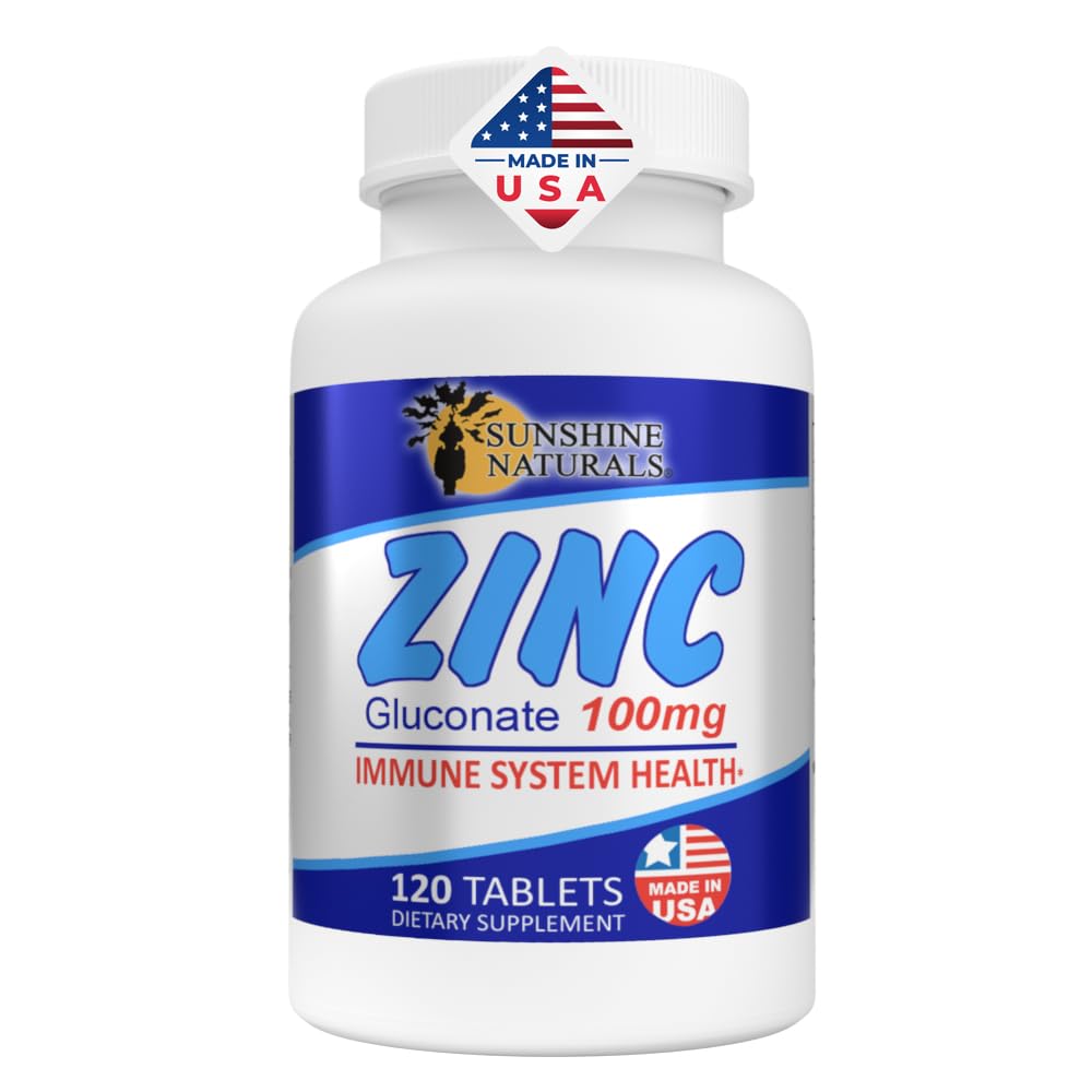 Sunshine Naturals supplément minéral de gluconate de zinc – soutient le système immunitaire, favorise la guérison des plaies, améliore la santé de la peau, fournit la défense antioxydante – 100mg, 120 comprimés, haute puissance