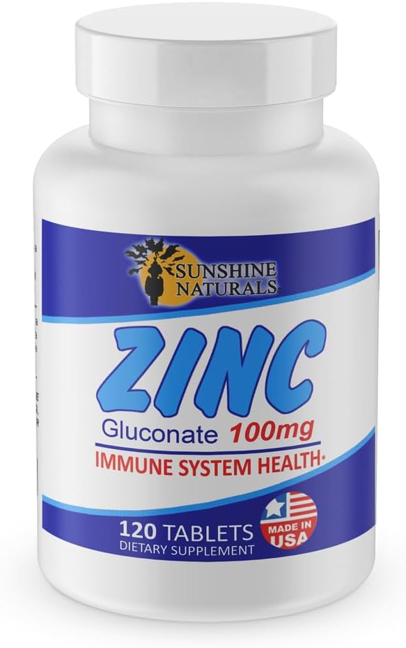 Sunshine Naturals supplément minéral de gluconate de zinc – soutient le système immunitaire, favorise la guérison des plaies, améliore la santé de la peau, fournit la défense antioxydante – 100mg, 120 comprimés, haute puissance