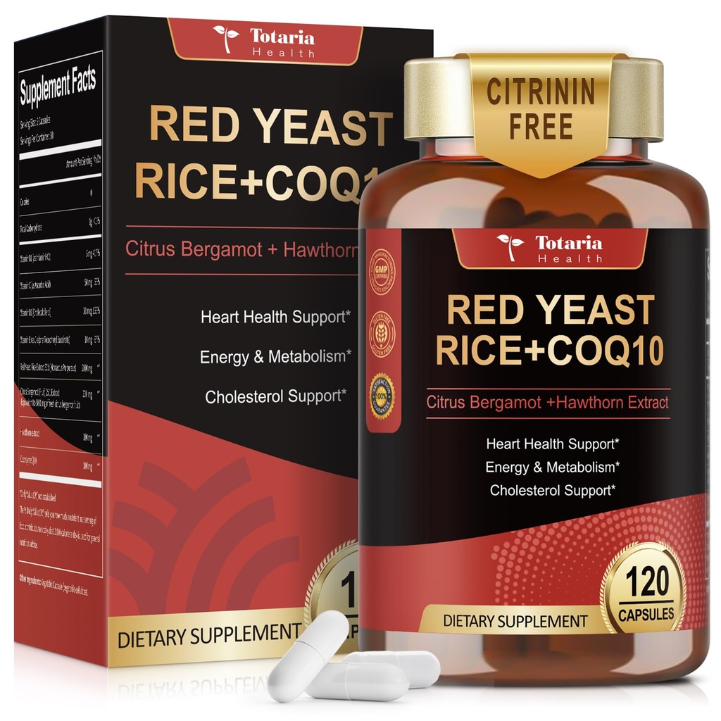 Riz de levure rouge 2 000 mg avec supplément CoQ10 - Extrait sans citrine Capsules de riz de levure rouge avec CoQ10 100 Plus Citrus Bergamot - Suppléments de réduction du cholestérol 3ème partie testé végétalien non-OGM